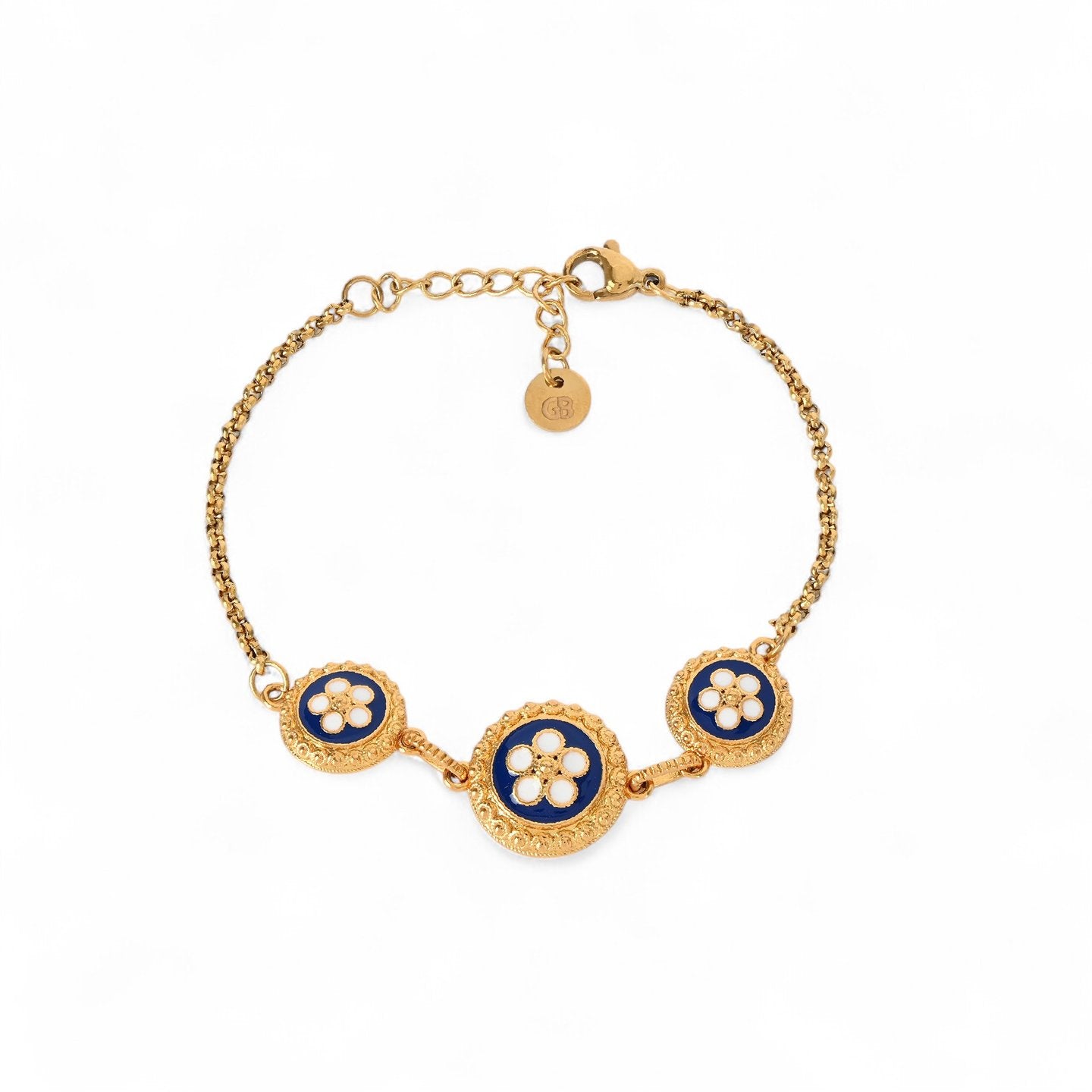Bracelet plaqué or 3 fleurs traditionnelles Aria bleu