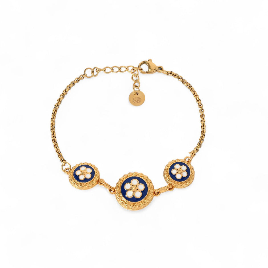 Bracelet plaqué or 3 fleurs traditionnelles Aria bleu