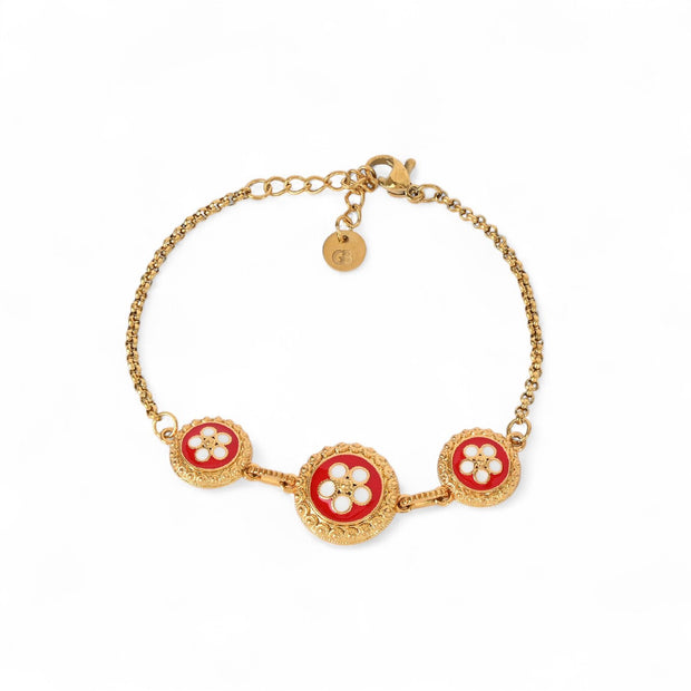 Bracelet plaqué or 3 fleurs traditionnelles Aria rouge