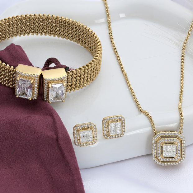 Ensemble Collier, Boucle d'oreilles et Bracelet carré brillants