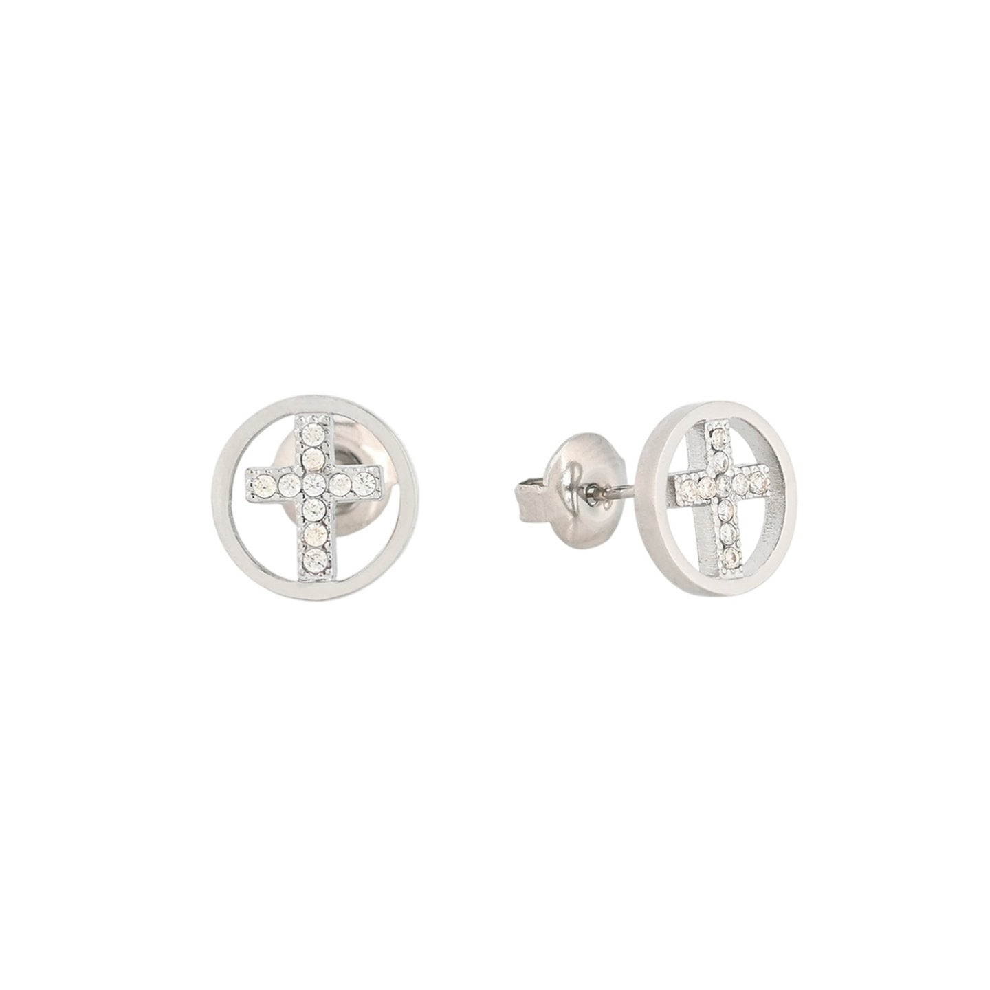 Boucles d'oreilles ronds en acier croix Alba