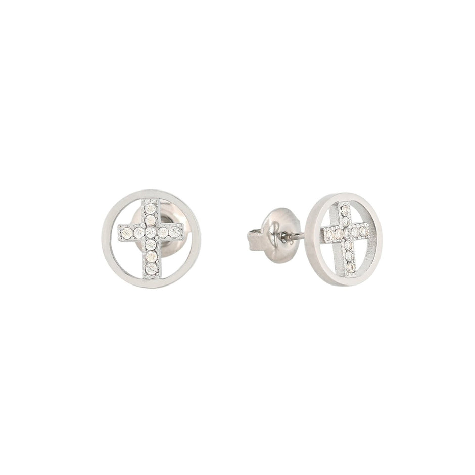 Boucles d'oreilles ronds en acier croix Alba