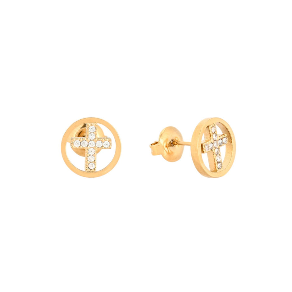 Boucles d'oreilles ronds en acier croix Alba