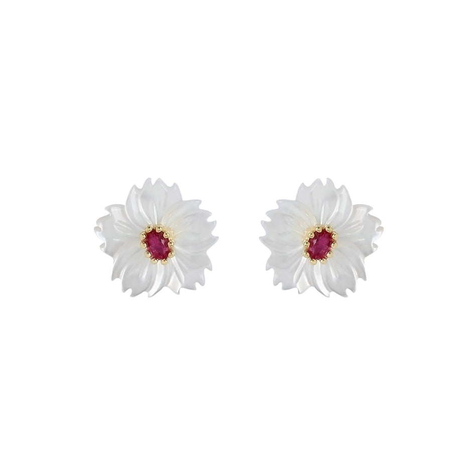 Boucles d'oreilles Luna en acier nacre fleur rouge