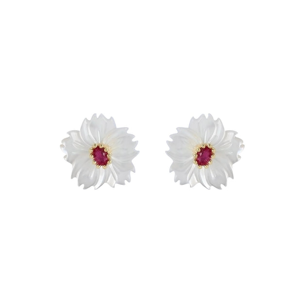 Boucles d'oreilles Luna en acier nacre fleur rouge