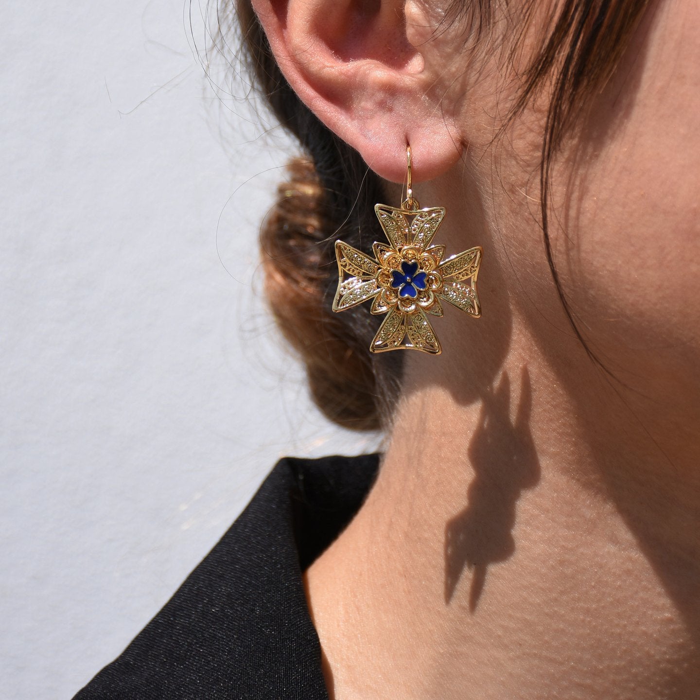 Boucles d'oreilles Aria Portugal croix de malta bleue