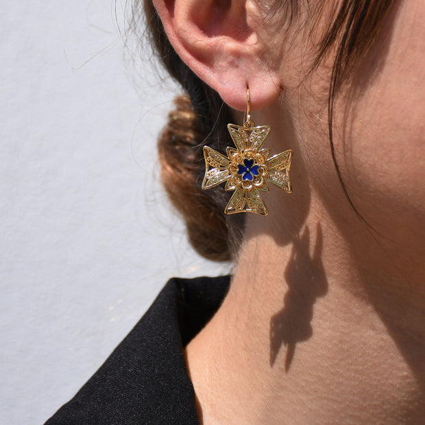 Boucles d'oreilles Aria Portugal croix de malta bleue