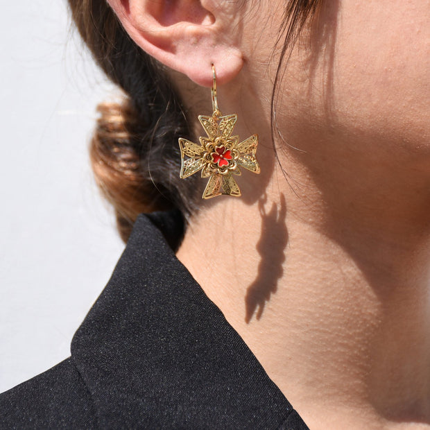 Boucles d'oreilles Aria Portugal croix de malta rouge