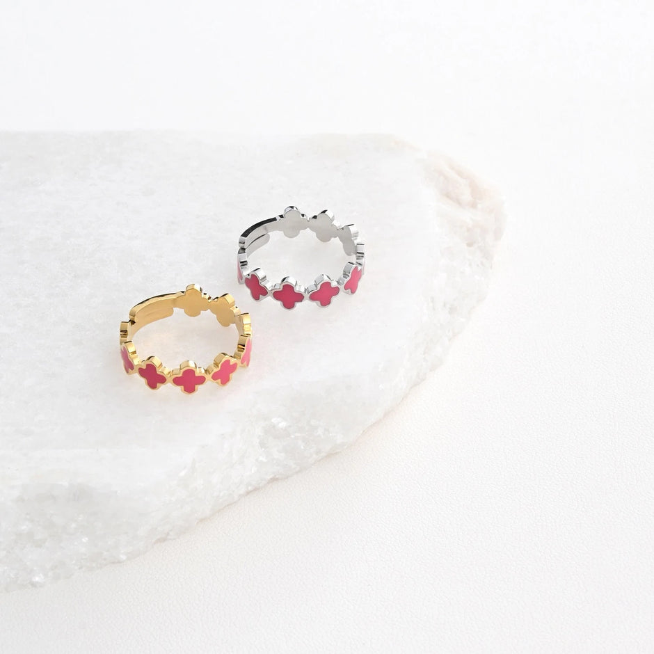 Bague alba réglable acier trèfles rose JZF3402