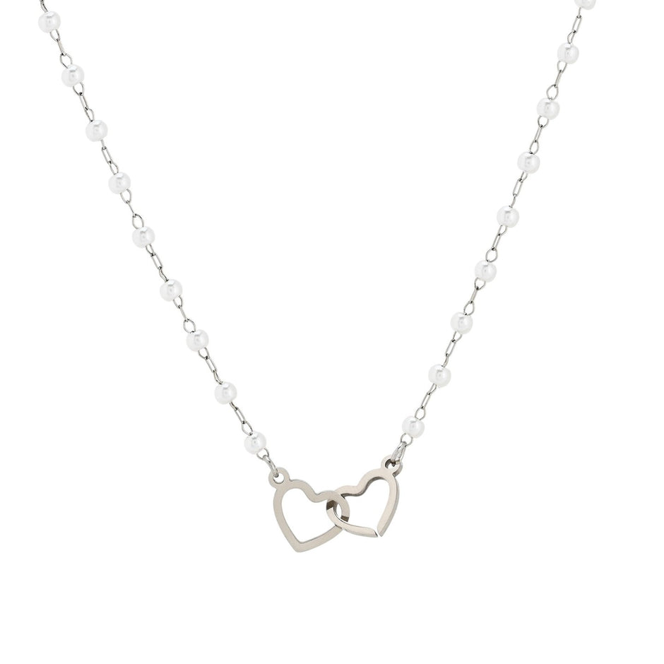 Collier en acier perles et coeurs