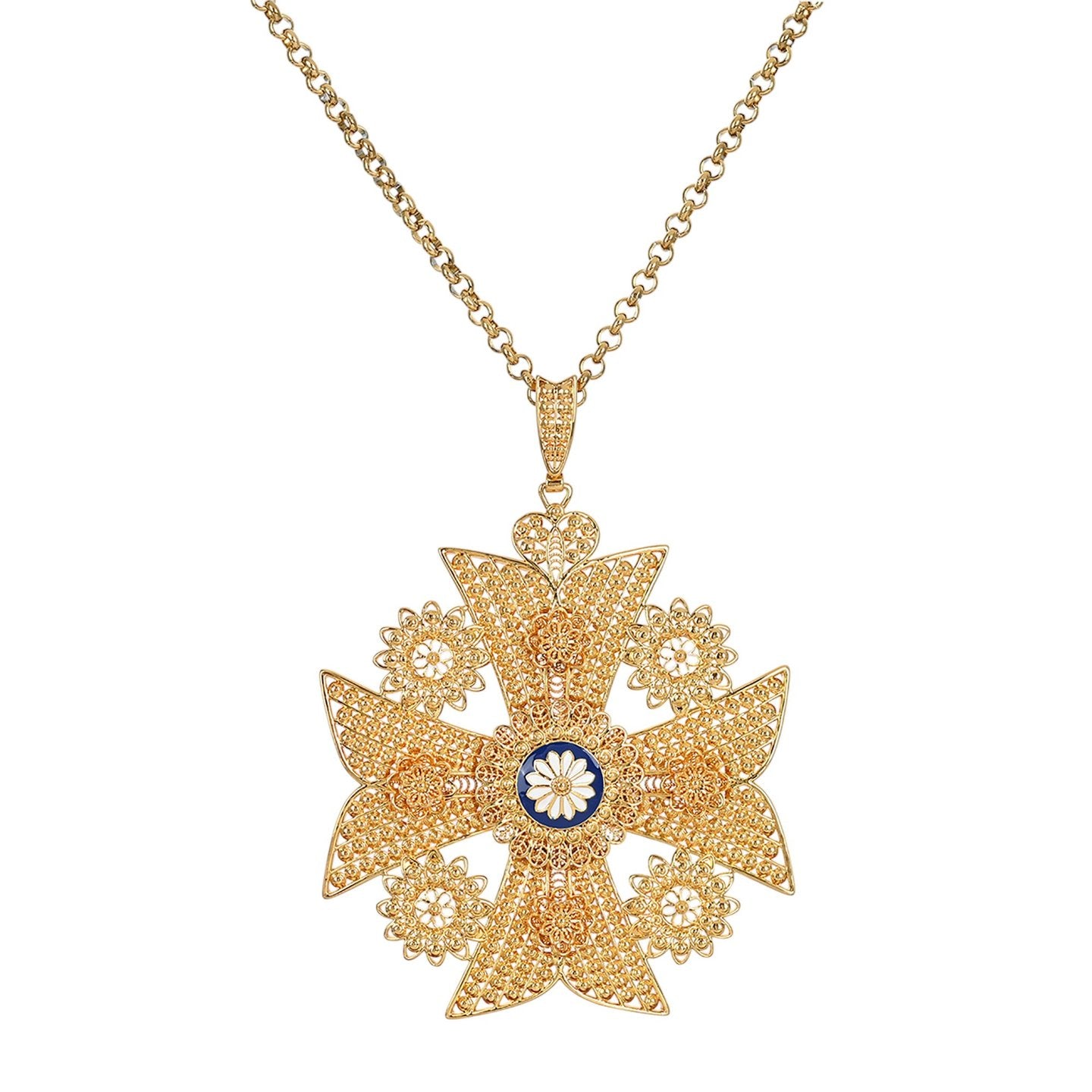 Collier semi précieuse croix maltaise en filigrane