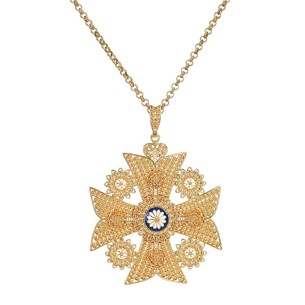 Collier semi précieuse croix maltaise en filigrane