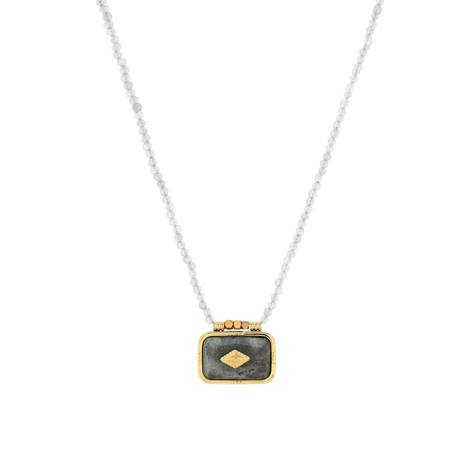 Collier long rectangulaire en acier et pierres naturelles