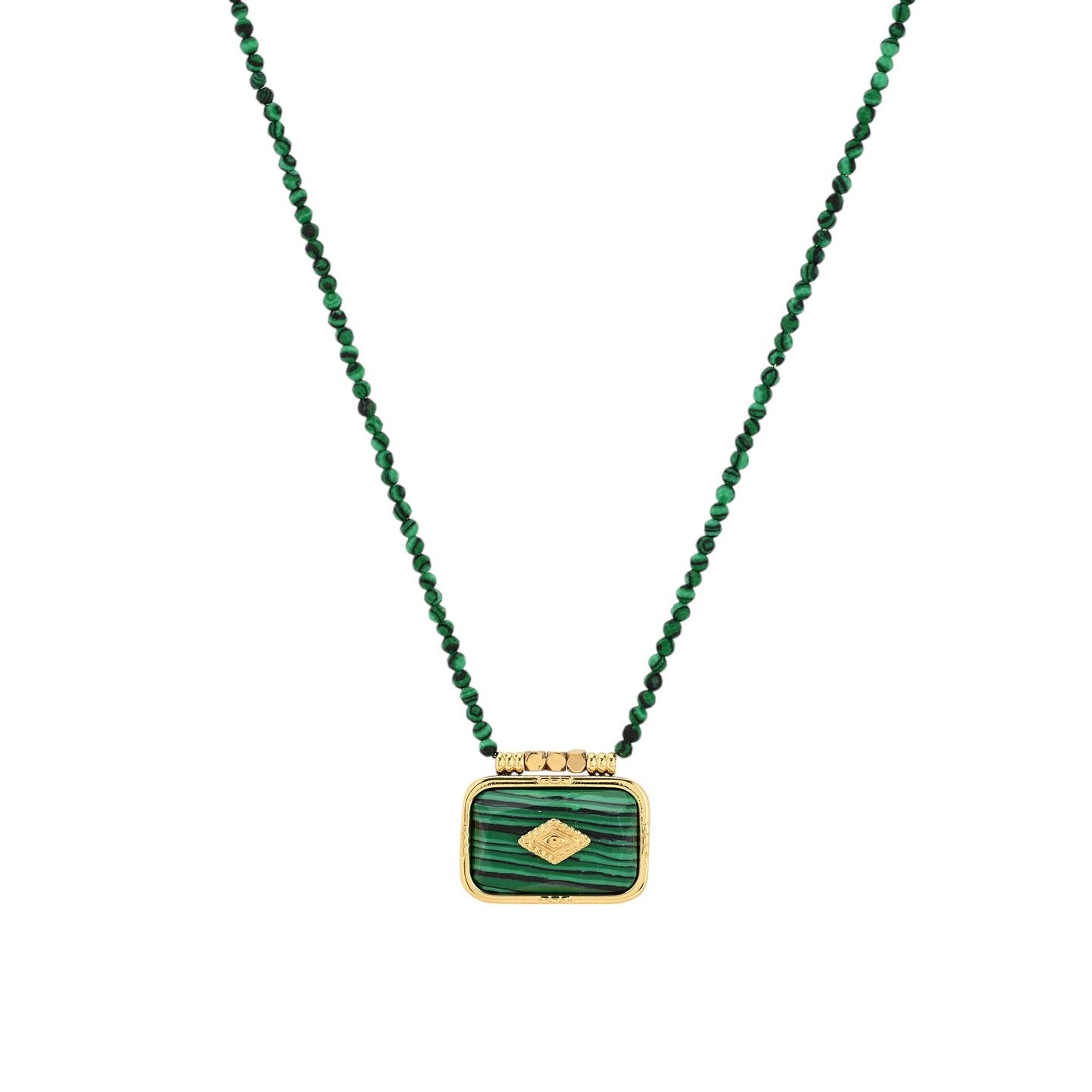 Collier long rectangulaire en acier et pierres naturelles