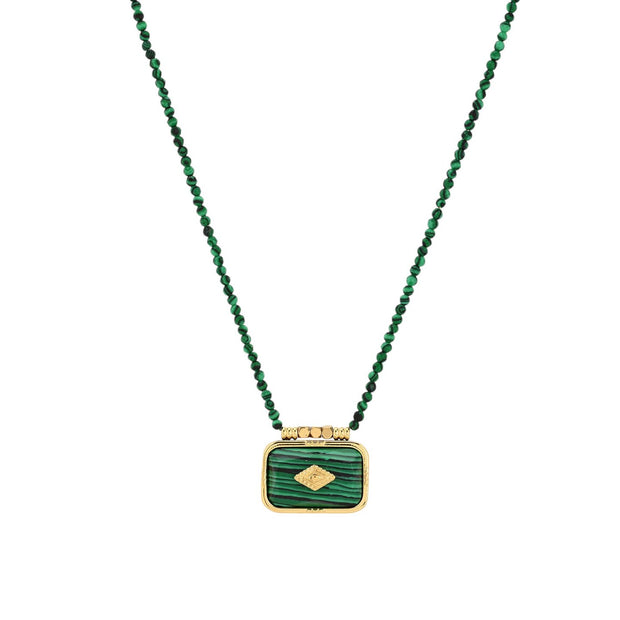 Collier long rectangulaire en acier et pierres naturelles