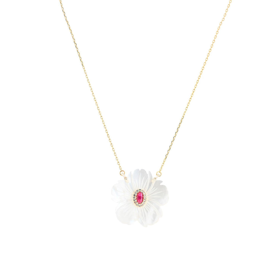 Collier en acier nacre fleur rouge