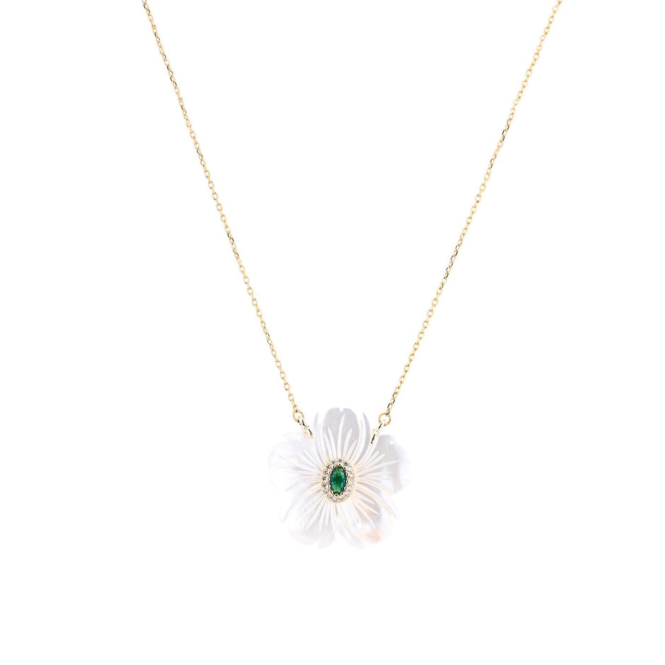Collier en acier nacre fleur vert