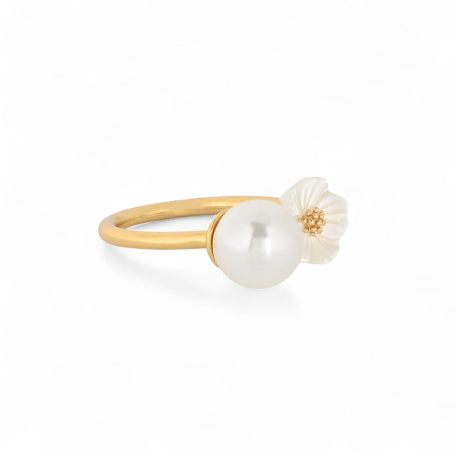 Bague Luna semi précieuse fleur nacre et perle R3767