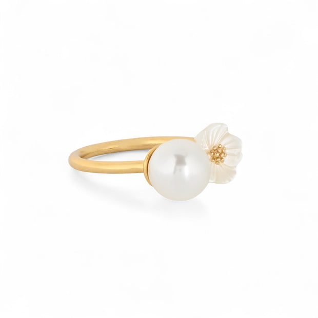 Bague Luna semi précieuse fleur nacre et perle R3767