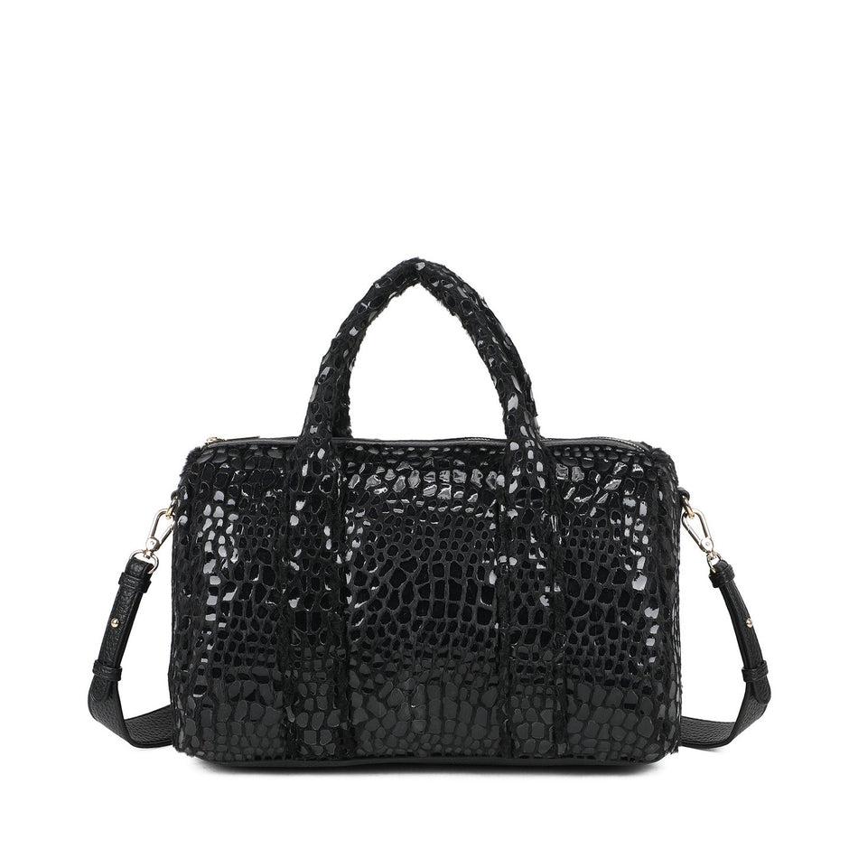 Sac bandoulière avec fourrure et vernis