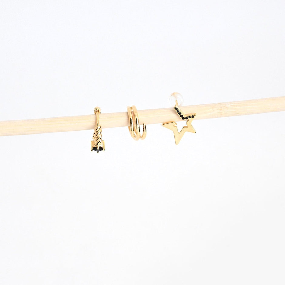 Ensemble boucles d'oreilles plaqué or étoile noire Luna