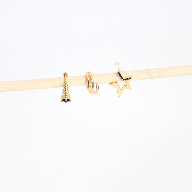 Ensemble boucles d'oreilles plaqué or étoile noire Luna