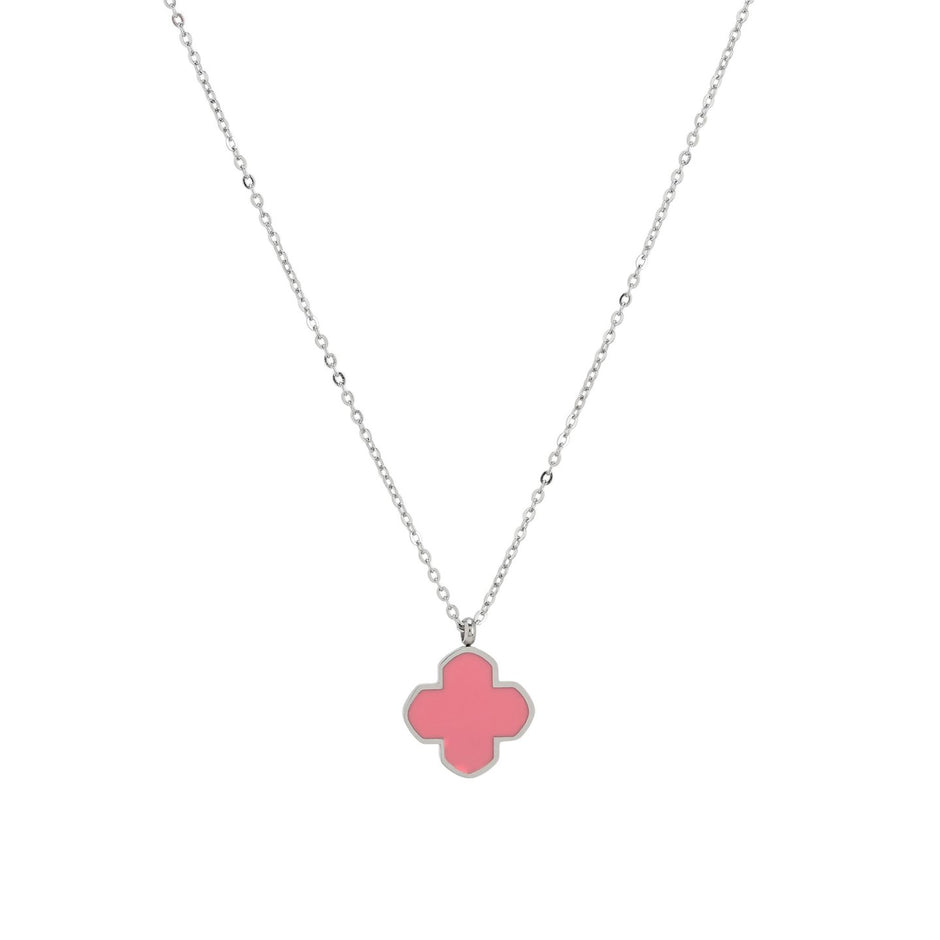 Collier en acier trèfle rose