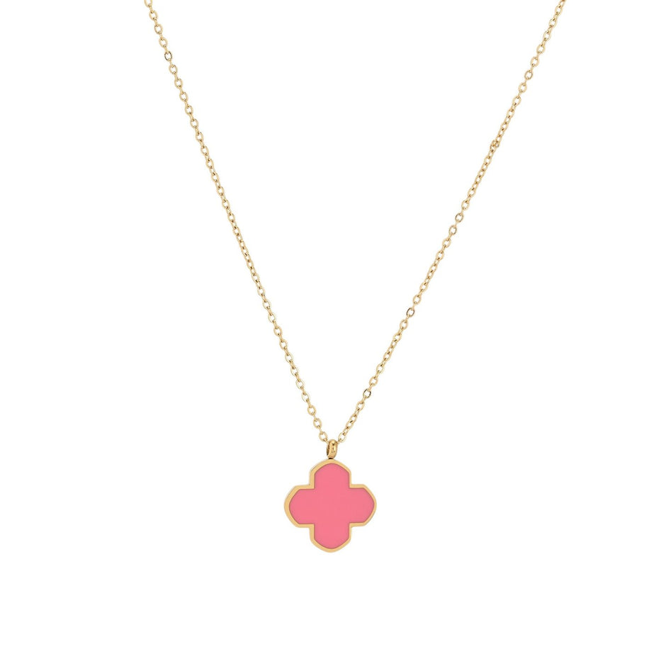 Collier en acier trèfle rose