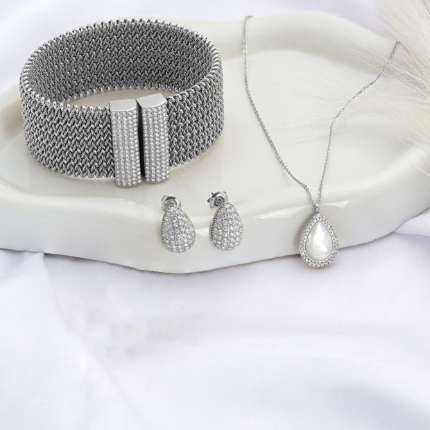 Ensemble Collier, Boucles d'oreilles et bracelet en acier nacre ovale